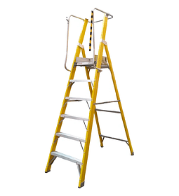 ESCALERA FIBRA DE VIDRIO PLATAFORMA CON BARANDA DOBLE 6 PELDAÑOS MAGNA