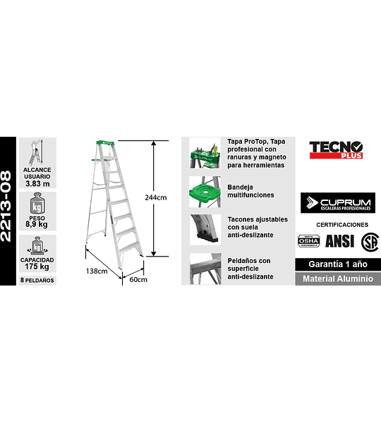 ESCALERA ALUMINIO TIJERA 8 PELDAÑOS 2.44 M. CUPRUM