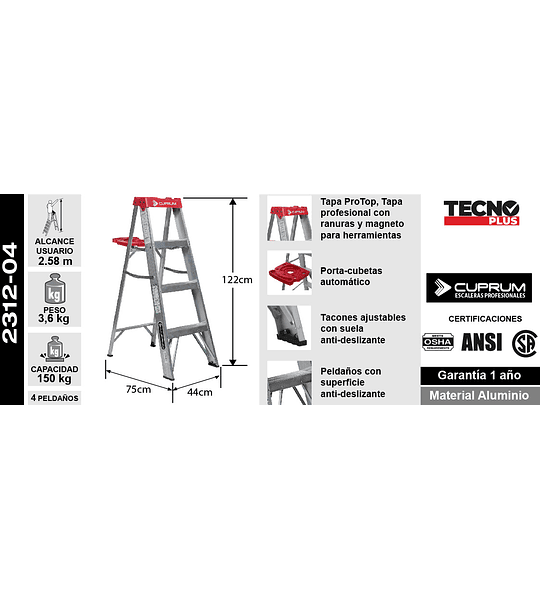 ESCALERA ALUMINIO TIJERA 4 PELDAÑOS 122 CM CUPRUM