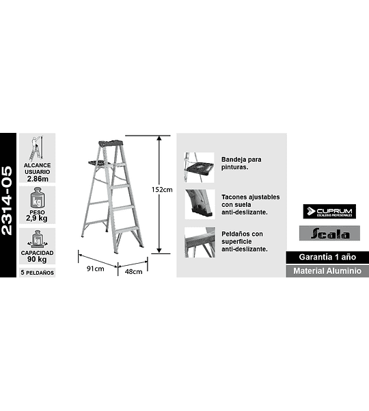 ESCALERA ALUMINIO TIJERA 5 PELDAÑOS 90 KG CUPRUM