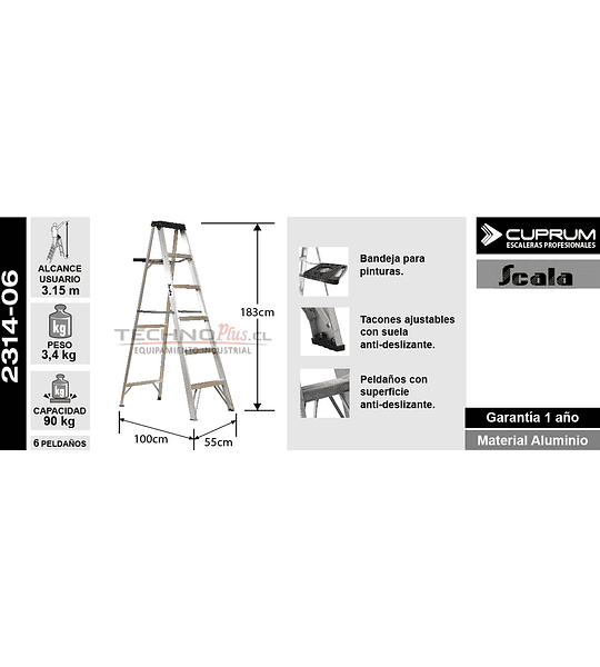 ESCALERA ALUMINIO TIJERA 1.83 M CAPACIDAD 90 KG CUPRUM