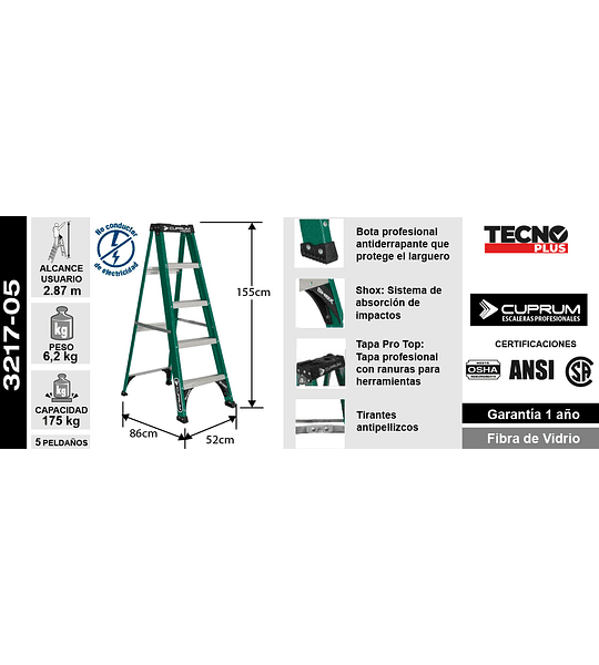 ESCALERA FIBRA DE VIDRIO TIJERA 5 PELDAÑOS 1.55 MTS 175 KG. CUPRUM