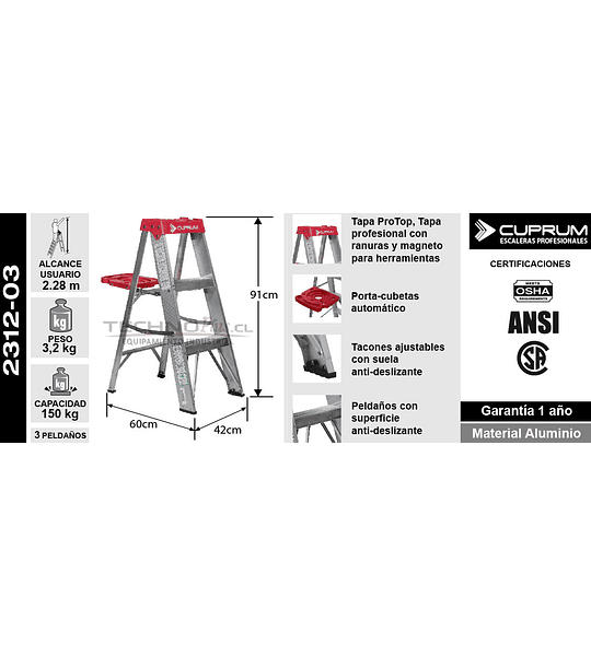 PISO ESCALERA ALUMINIO TIJERA 3 PELDAÑOS 0.87 M. CUPRUM