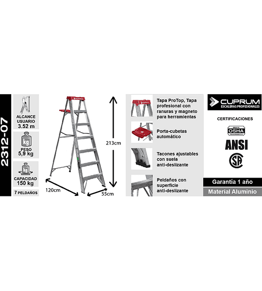 ESCALERA ALUMINIO TIJERA 7 PELDAÑOS 2.13 M. CUPRUM