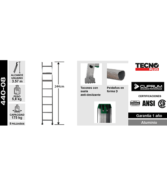 ESCALERA ALUMINIO RECTA SIMPLE 2.44 MTS. 8 PELDAÑOS CUPRUM