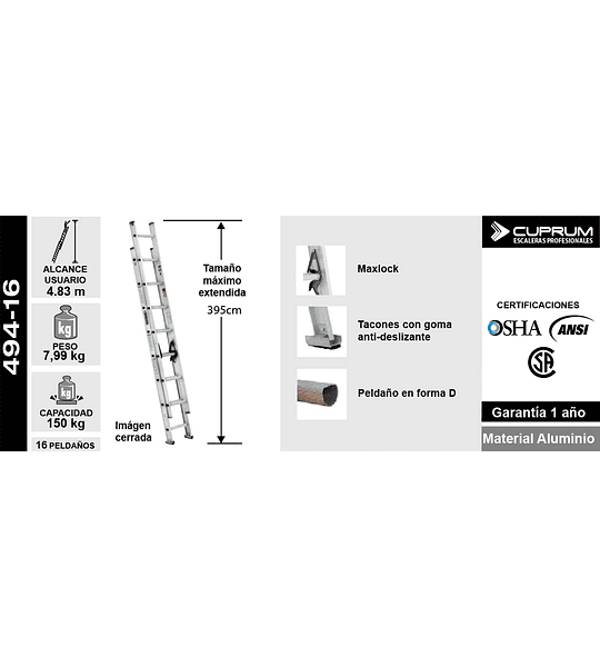 ESCALERA TELESCOPICA DE ALUMINIO 16 PELDAÑOS 150KG CUPRUM
