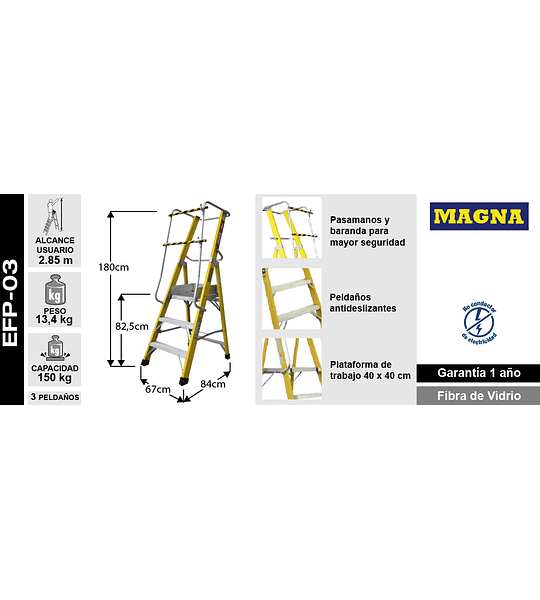 ESCALERA DE PLATAFORMA FIBRA DE VIDRIO 3 PELDAÑOS - 150 kg