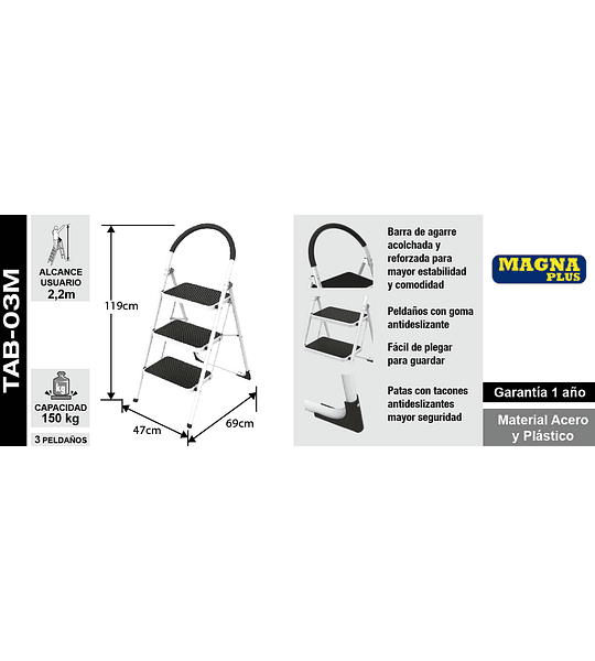 ESCALERA PLEGABLE DE ACERO CON 3 PELDAÑOS - 150 kg