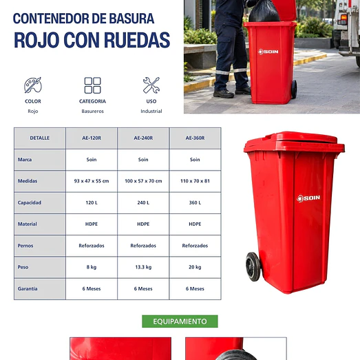 Contenedor de Basura Rojo 120L con Ruedas Soin 6