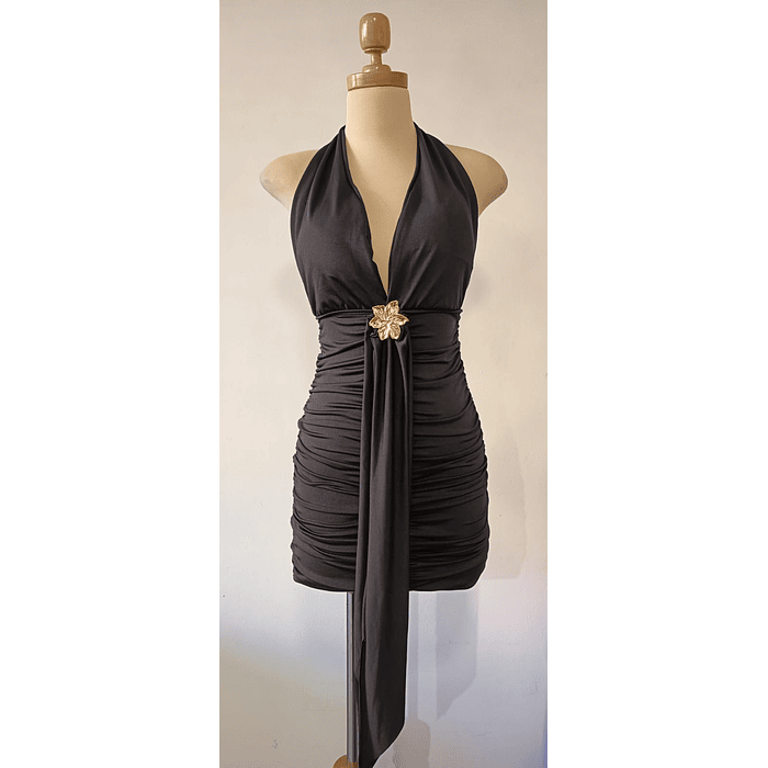 VESTIDO CORTO NEGRO BLANCO Y CAFE  CON BROCHE DE FLOR  1