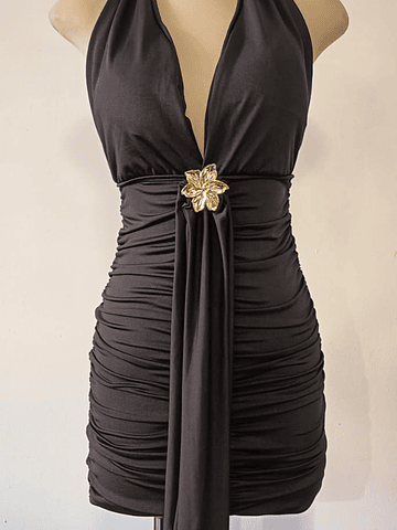 VESTIDO CORTO NEGRO BLANCO Y CAFE  CON BROCHE DE FLOR 