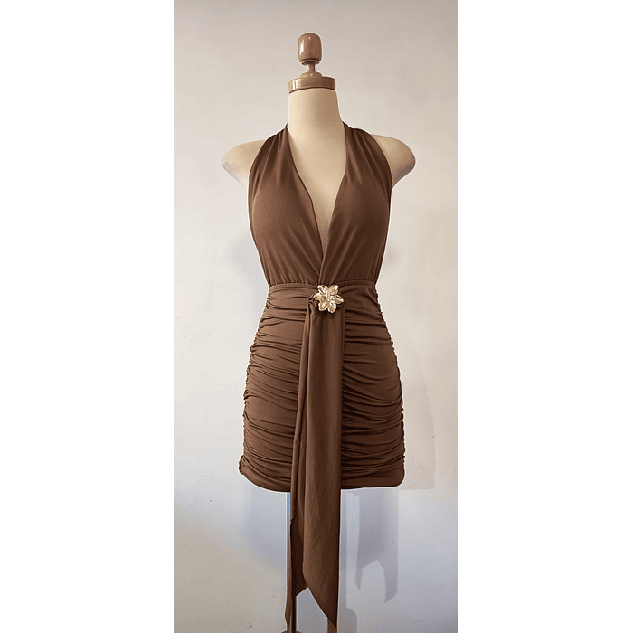 VESTIDO CORTO NEGRO BLANCO Y CAFE  CON BROCHE DE FLOR  3