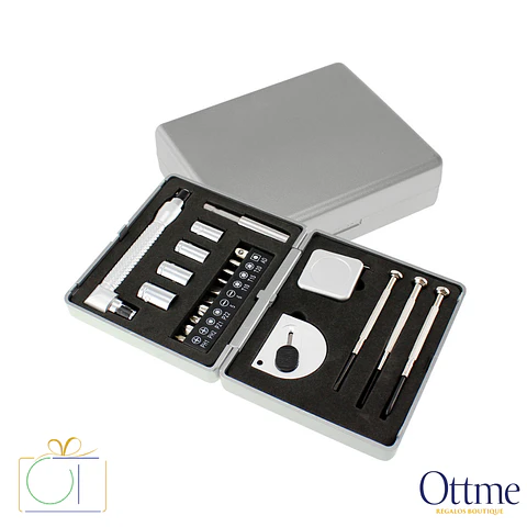 Set de 21 Herramientas Caja Plástica Plateada Personalizable