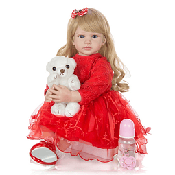 Princesa Reborn de vestido rojo con oso peluche blanco