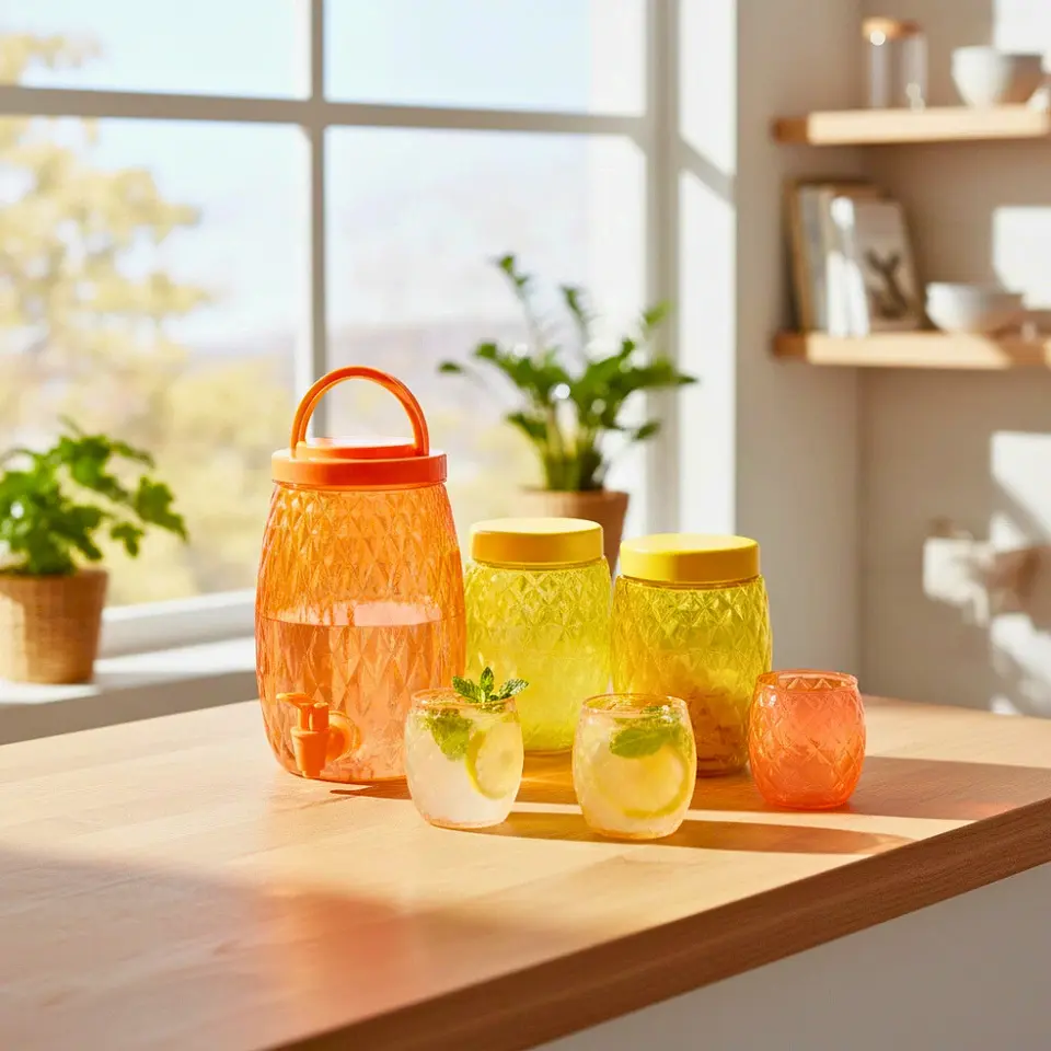 Set 7 Pzas Vitrolero 2.8 L, Contenedores 1.1 L, Vasos 300 ml 2