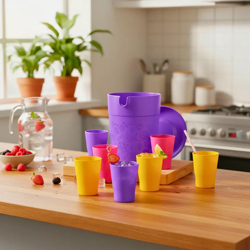 Set Jarra Jumbo Morada 4 L y 6 Vasos de Colores 3