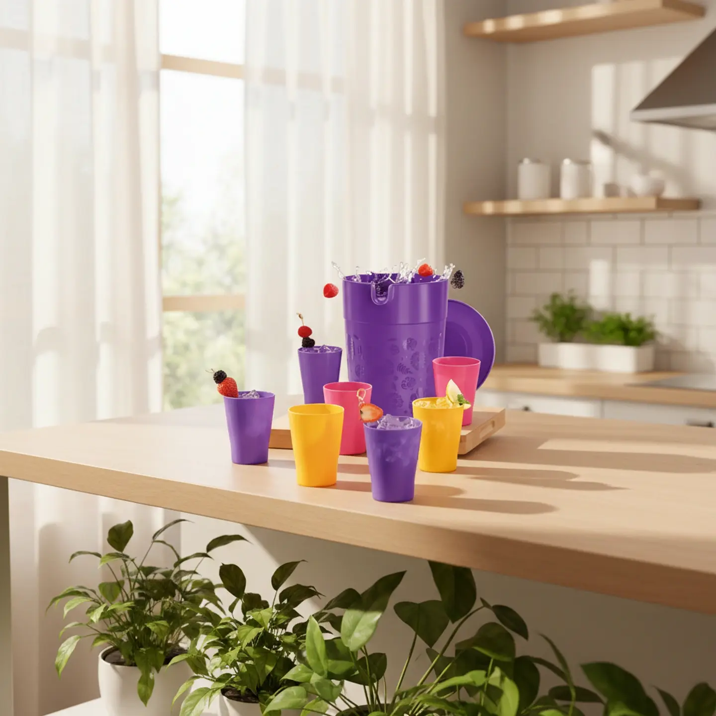 Set Jarra Jumbo Morada 4 L y 6 Vasos de Colores 4