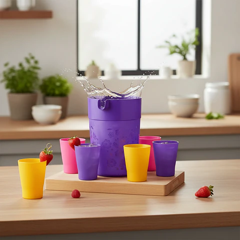 Set Jarra Jumbo Morada 4 L y 6 Vasos de Colores