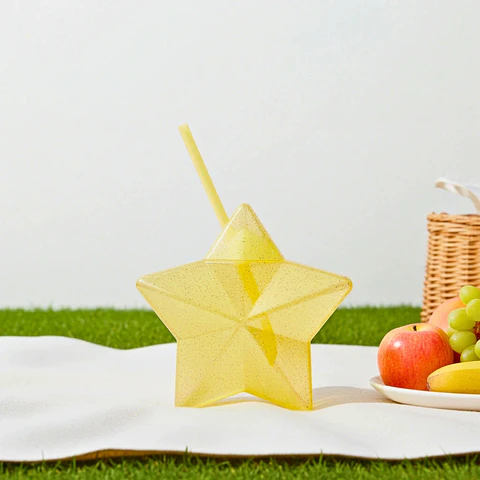 Vaso Estrella Amarillo Glitter con Popote | 600 ml