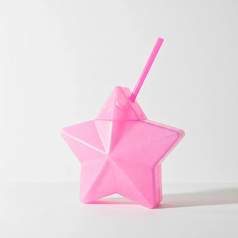 Vaso Estrella Rosa Glitter con Popote | 600 ml