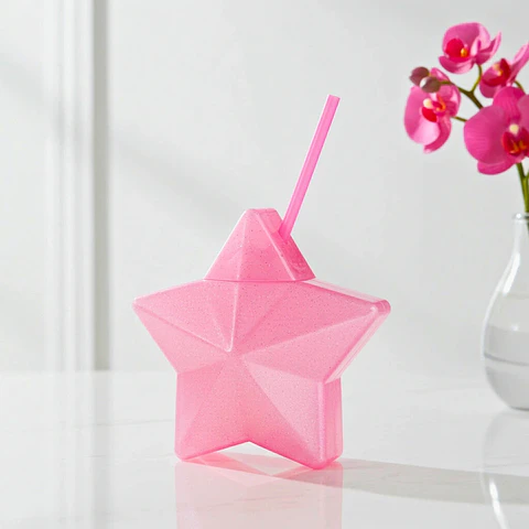 Vaso Estrella Rosa Glitter con Popote | 600 ml