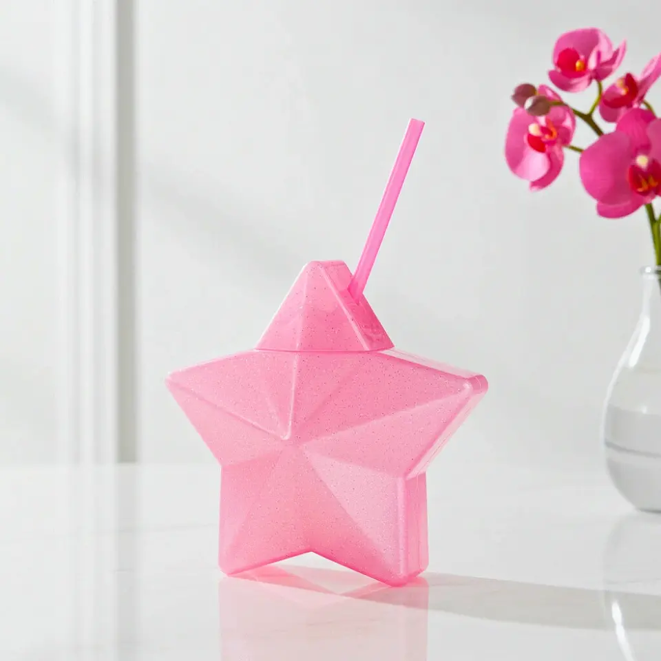 Vaso Estrella Rosa Glitter con Popote | 600 ml 2