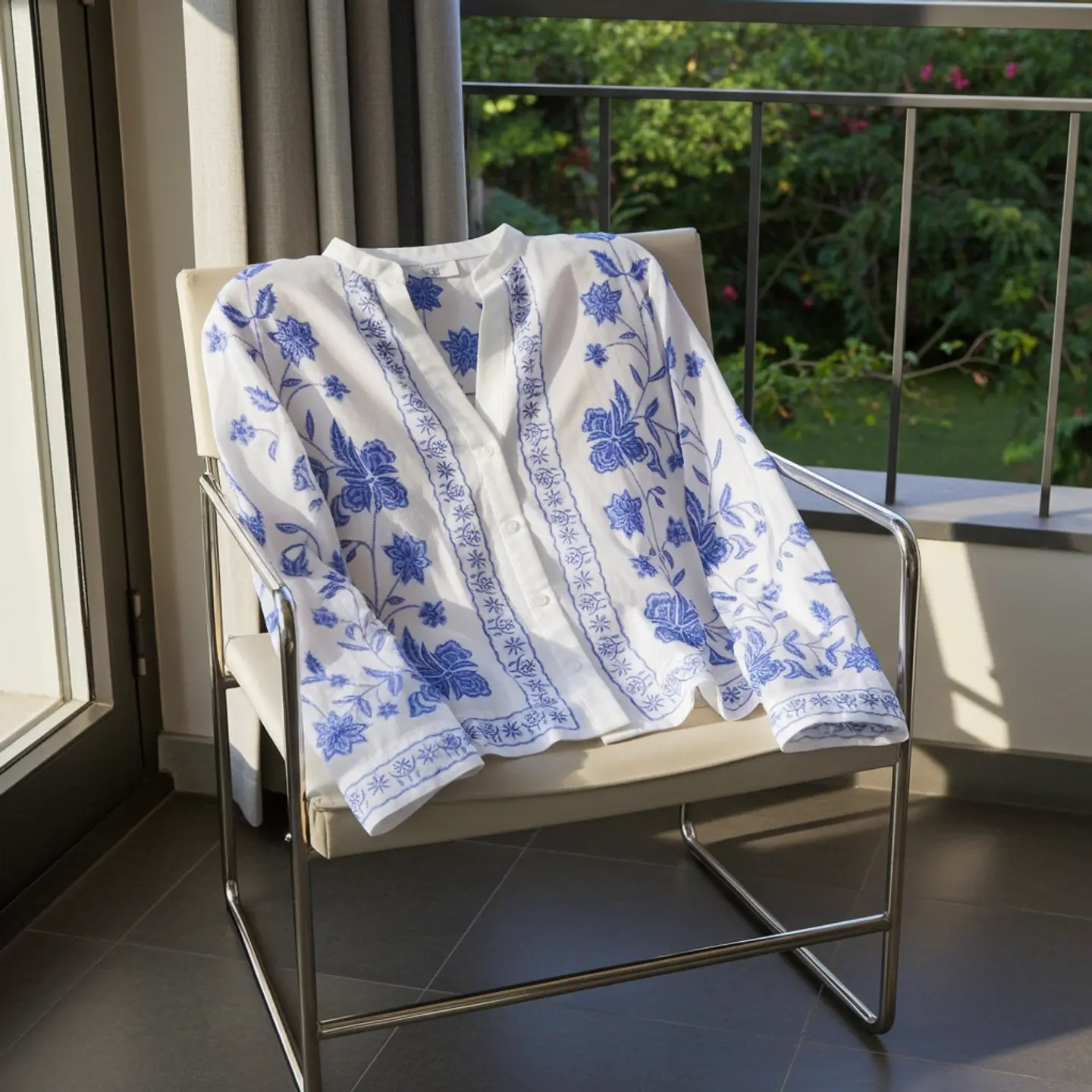 Blusa Blanco/Azul estampado Floral manga larga 3
