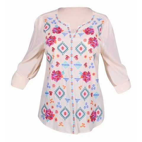 Blusa Arena con Bordado Floral manga 3/4