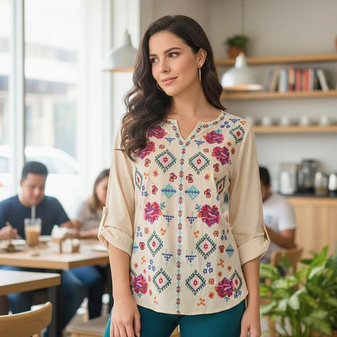 Blusa Arena con Bordado Floral manga 3/4