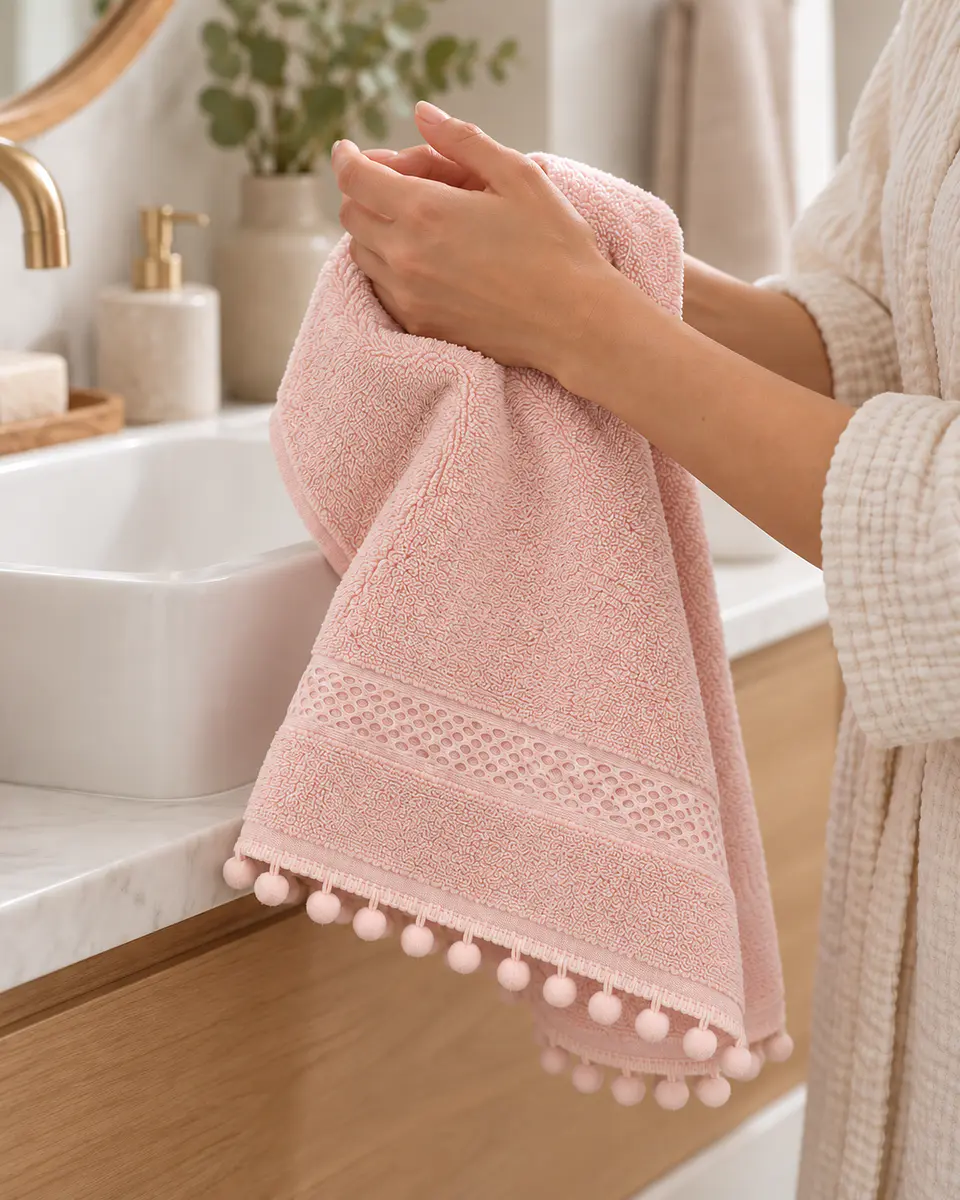 Toalla Mano 100% Algodón 34x70 Rosa Pompones 3