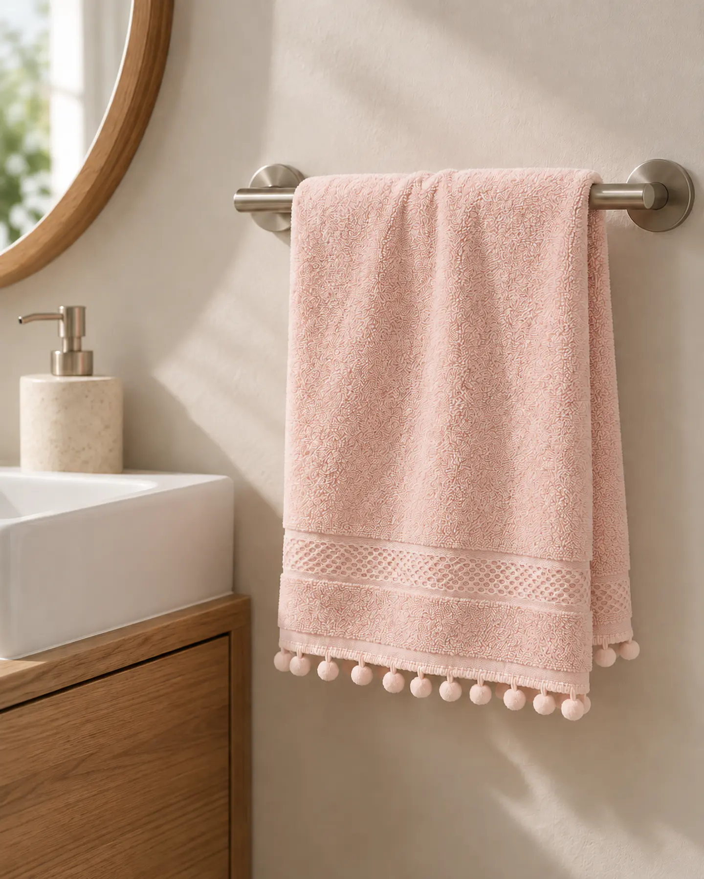 Toalla Mano 100% Algodón 34x70 Rosa Pompones 5