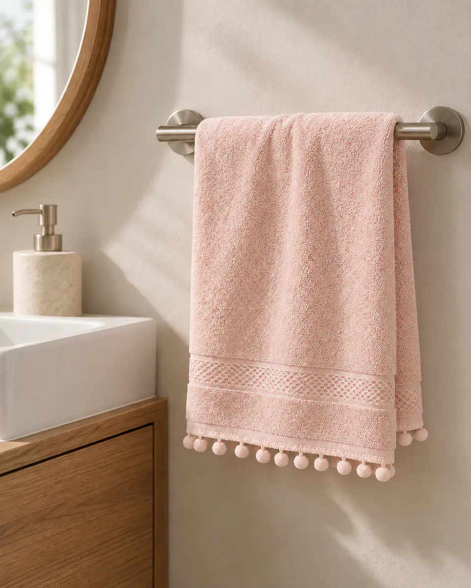 Toalla Mano 100% Algodón 34x70 Rosa Pompones 5