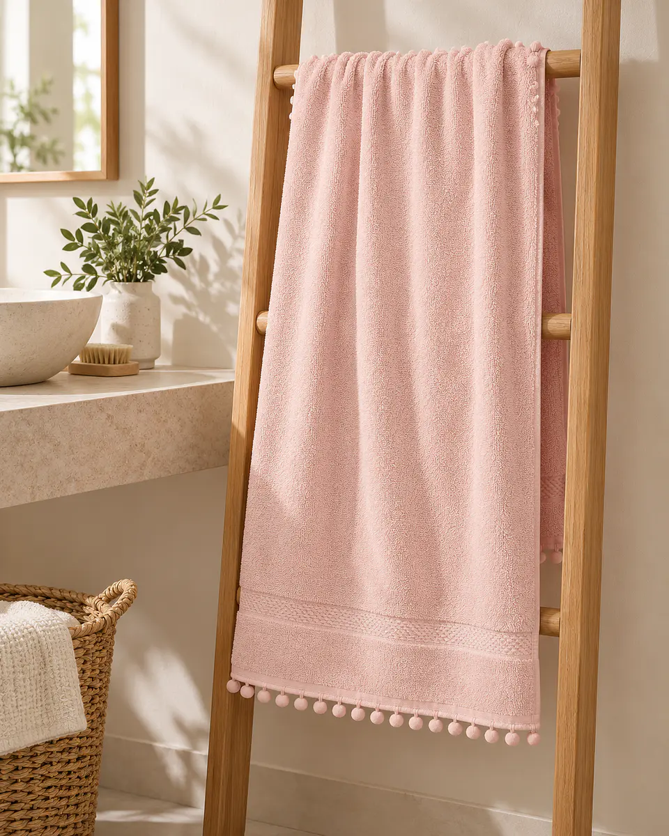 Toalla Baño 100% Algodón 70x137 Cm Rosa Pompones 5
