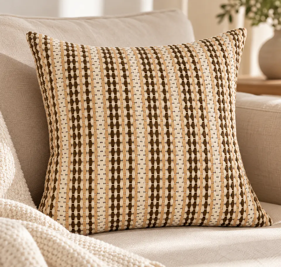Funda De Cojín Chenille Rayas Beige Café 45x45 Cm 3