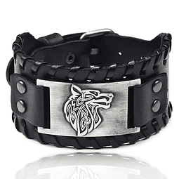 Pulsera de Cuero negra ajustable con hebilla. Lonewolf Black