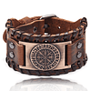 Pulsera de Cuero café ajustable con hebilla. Vegvísir Vikingo