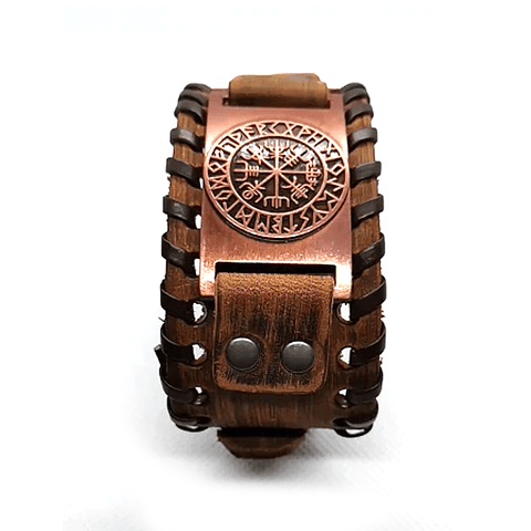 Pulsera de Cuero café ajustable con hebilla. Vegvísir Vikingo