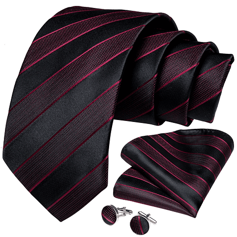 Set Corbata, paño y colleras. Modelo Vino Negro