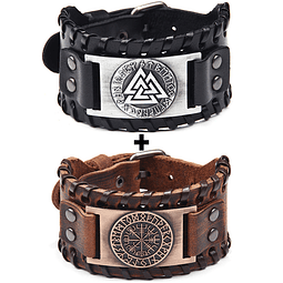 Pack pulseras de Cuero vikingas. Modelos Valknut + Vegvisir