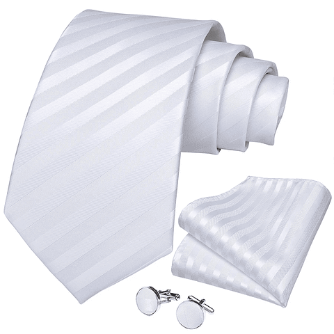 Set Corbata, paño y colleras. Modelo Blanco Striped