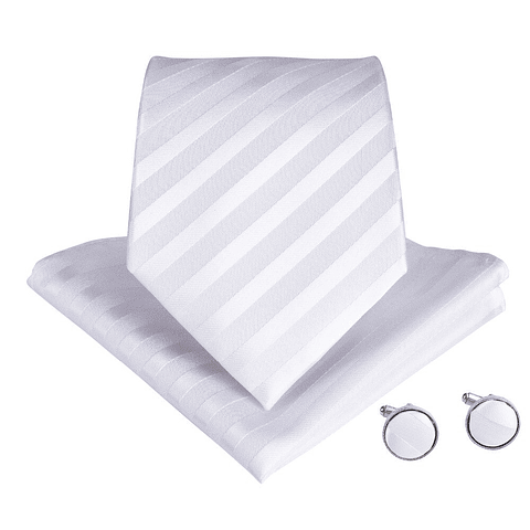 Set Corbata, paño y colleras. Modelo Blanco Striped