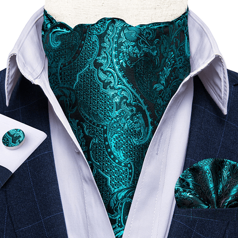 Set Pañuelo Corbata tipo Ascot/Cravat + paño y colleras. Turquesa oscuro