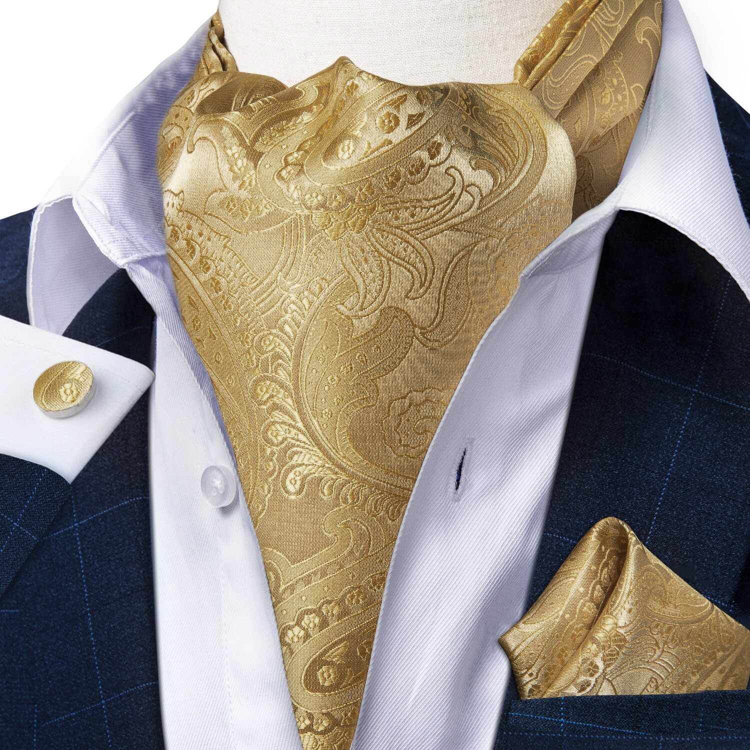 Set Corbata Gruesa Ascot/Cravat + paño y colleras. Golden