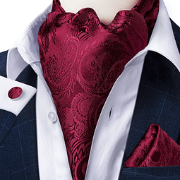 Set Corbata Gruesa Ascot/Cravat + paño y colleras. Vinotinto