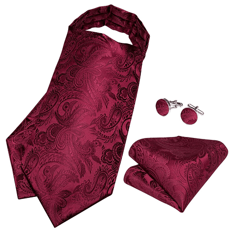Set Corbata Gruesa Ascot/Cravat + paño y colleras. Vinotinto