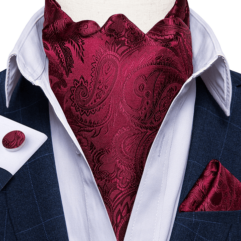 Set Pañuelo Corbata tipo Ascot/Cravat + paño y colleras. Vinotinto