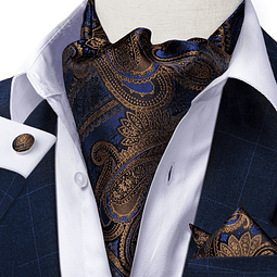 Set Pañuelo Corbata tipo Ascot/Cravat + paño y colleras. Azul Otoño