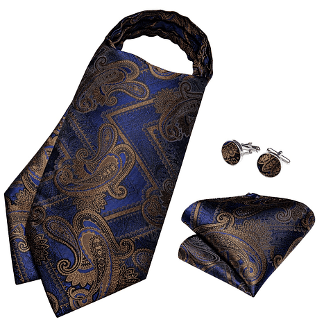 Set Corbata Gruesa Ascot/Cravat + paño y colleras. Azul Otoño