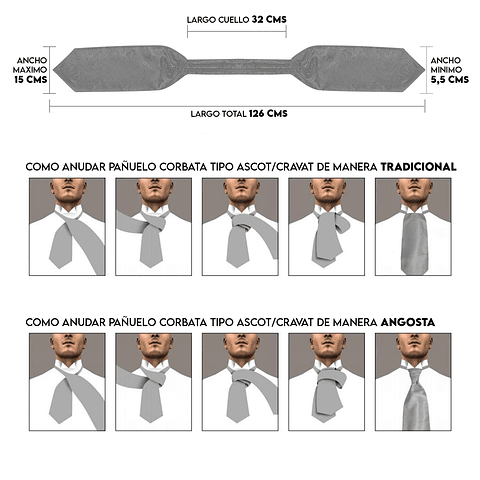 Set Pañuelo Corbata tipo Ascot/Cravat + paño y colleras. Gris texturizado