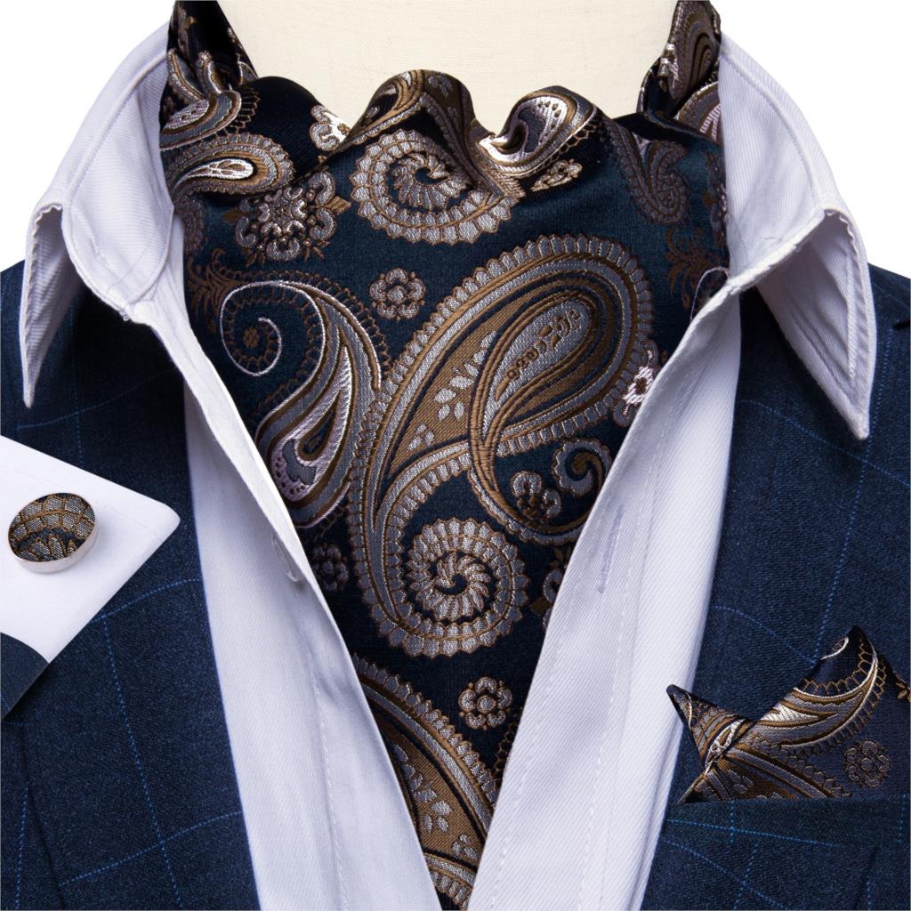 Set Corbata Gruesa Ascot/Cravat + paño y colleras. Azul Café